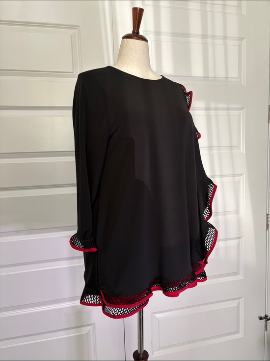 Desiggn Todays Tops - Black Blouse with Red Mesh-Trimmed Hem and Sleeves